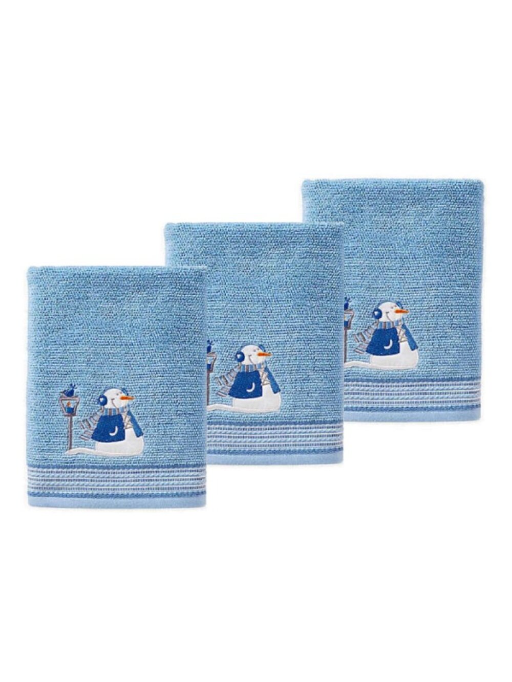 3 new Winter Wonderland Snow Buddies Bath Towels with Snowman, Bird, Street Lamp